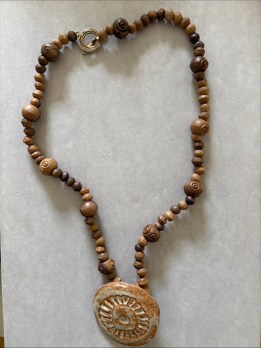 Source Unknown Brown Bead Necklace with Ceramic Sun Pendant